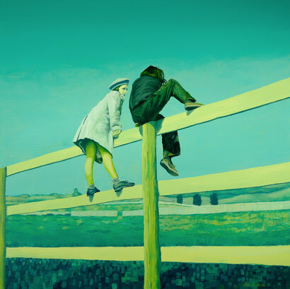 Crossing the Line / Two Girls on the Fence  - a Paint Artowrk by Jan Kubisa