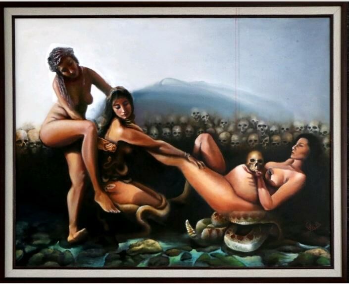 Cihuacoatl, Coatlicue, Chicomecoatl  y tzompantli  - a Paintings by Ulises Gutierrez Bonilla Ulises