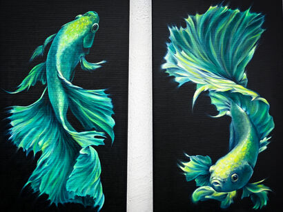 Diptych Emerald Fish - a Paint Artwork by Tanya Shark
