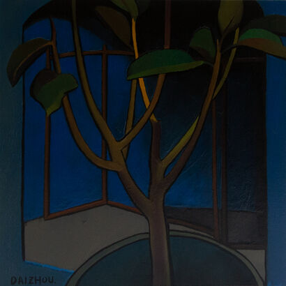 Rubber tree in front of the fireplace - a Paint Artowrk by Zhou Dai