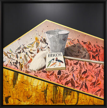 Nothing on top but a bucket and mop and an illustrated book about birds - a Paint Artowrk by Christian Burnham