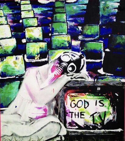 “GOD IS THE TV” - A Paint Artwork by DEBORASENZALACCA