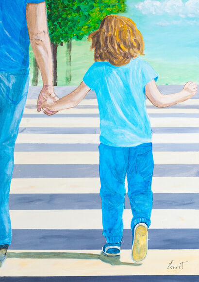  Niño con su padre cruzando paso peatones pintado por Ernest Carneado Ferreri - A Paint Artwork by Ernest Carneado Ferreri