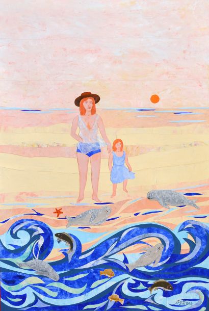 Femme avec son enfant au bord d'une plage by Michel Boettcher