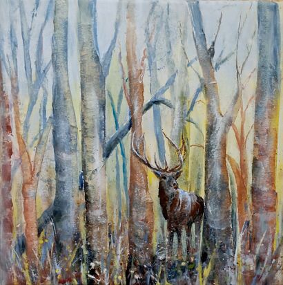 FOREST IMPRESSIONS - 1 Deer 2 Moon over forest - a Paint Artowrk by Monika Duregger