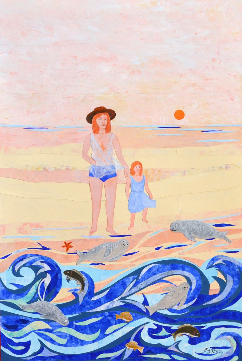Femme avec son enfant au bord d'une plage - a Paintings by Michel Boettcher