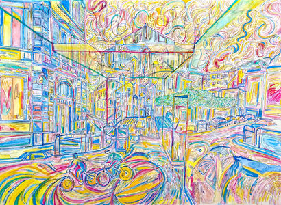 Vista del soggiorno di casa di N.S. e di zona Sant\'Ambrogio a Milano, tecnica mista, 80 x 60 cm. - a Paint Artowrk by Stefano Rosselli