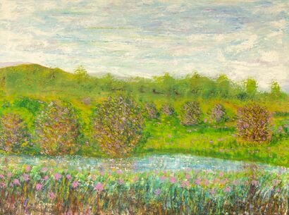Paesaggio con fiume, e piante e fiori fucsia - a Paint Artowrk by egidio perna