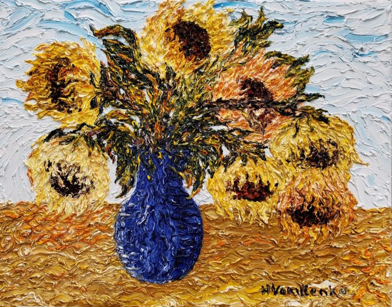 'Sunflowers in  Blue Vase' Collection 'Sunflowers' - a Paintings by Dr. Halyna Vakulenko