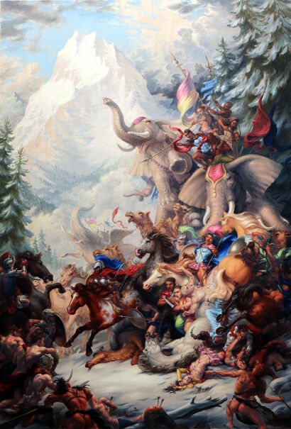 Hannah Belle's Army Harrassed By Alpine Tribesmen, Oil on Canvas, 72in x 48in, 2023 - A Paint Artwork by Michael and Tole
