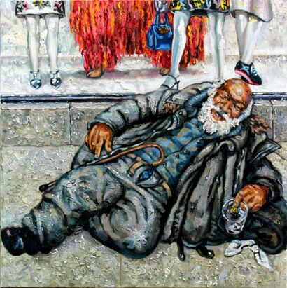 Democritus, Homeless man in front of the Bergdorf & Goodman windows - a Paint Artowrk by Paul Herman