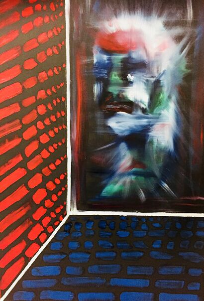 Studio d’uomo su sfondo rosso e blu - A Paint Artwork by Giorgio Bertazzoli
