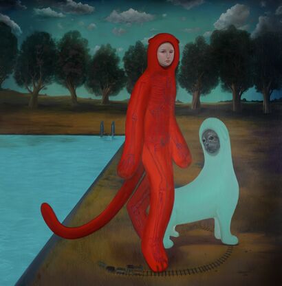 Red and Turquoise on the Rails - a Paint Artowrk by maria roza