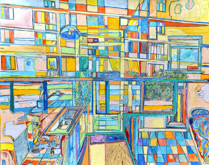 Vista della cucina di casa, tecnica mista, 100 x 80 cm. - A Paint Artwork by Stefano Rosselli