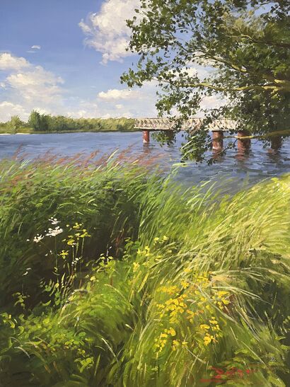 Wild flowers, reeds, and a bridge  - a Paint Artowrk by Rui Zhao