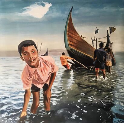 The new beginning(Rohingya boy on shore) - a Paint Artowrk by rafi uddin mahmud