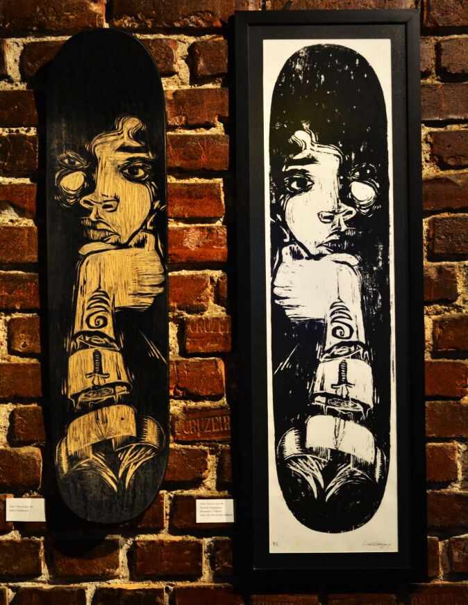 Xylography performed on a skateboard deck. With a series of 10 prints on paper - a Paint by Leo Costanzo