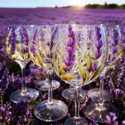 Hand Painted Lavender Wine Glasses in a Field of Lavender  - a Photographic Art Artowrk by michael watz