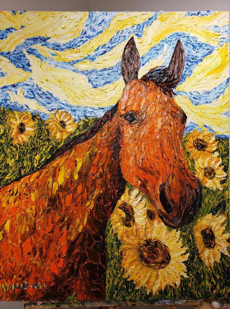 'Horse on Flowers Field', Collection 'Sunflowers' - a Paintings by Dr. Halyna Vakulenko