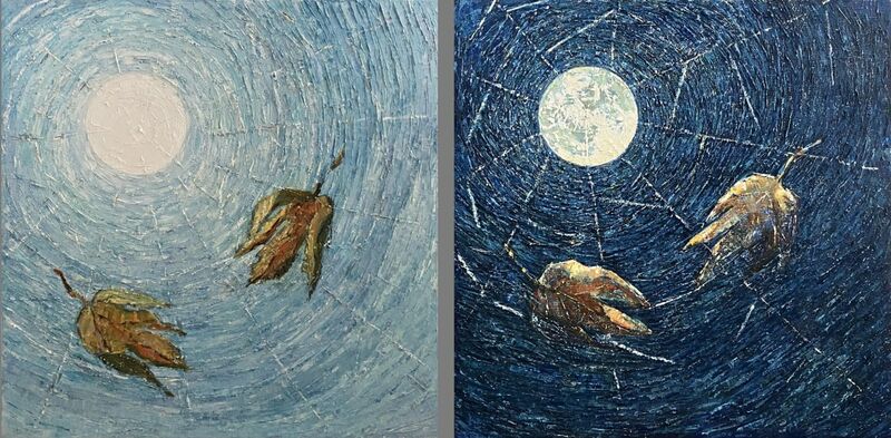 Who are you? Who am I? Fallen leaves in the web. (Diptych - Noon & Midnight)  - a Paint by Ecaterina Chirciu