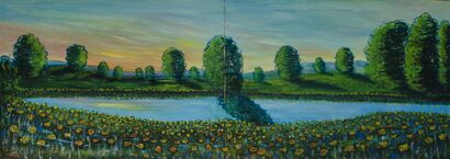 Paesaggio al tramonto con fiume, piante e fiori gialli  - a Paint Artowrk by egidio perna