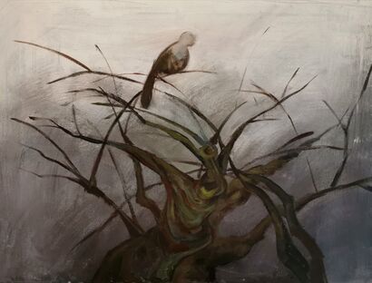 A pigeon stands on a branch and thinks about survival - a Paint Artowrk by nan li