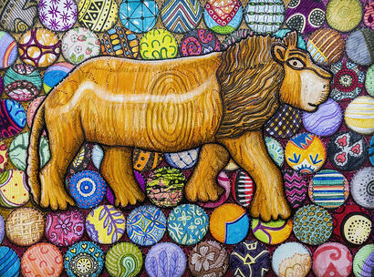 Fearless: Lion Carving With Chitenje Bottle Caps - a Paint Artowrk by Kristen Palana
