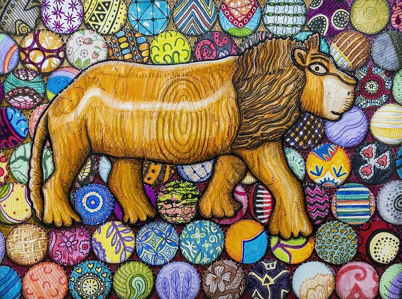 Fearless: Lion Carving With Chitenje Bottle Caps - a Paint by Kristen Palana