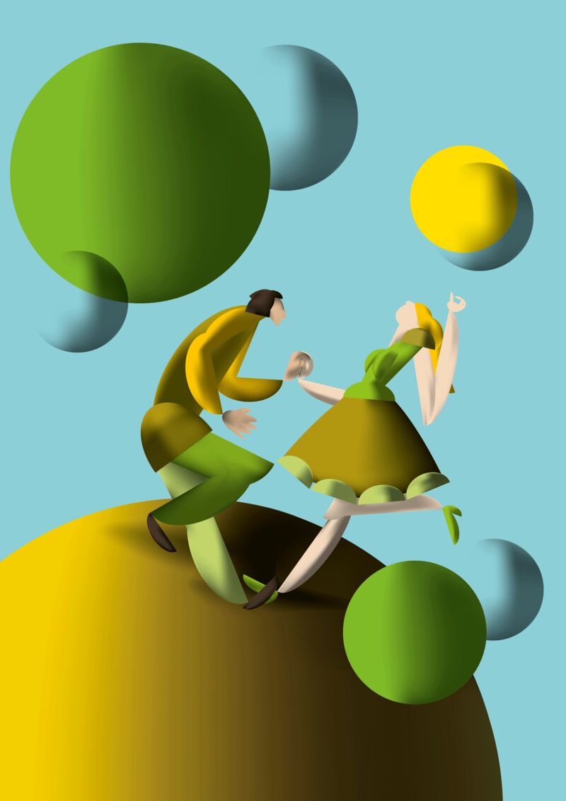 DANCING BETWEEN HEAVEN AND EARTH - a Digital Graphics and Cartoon by Monika Schneiter