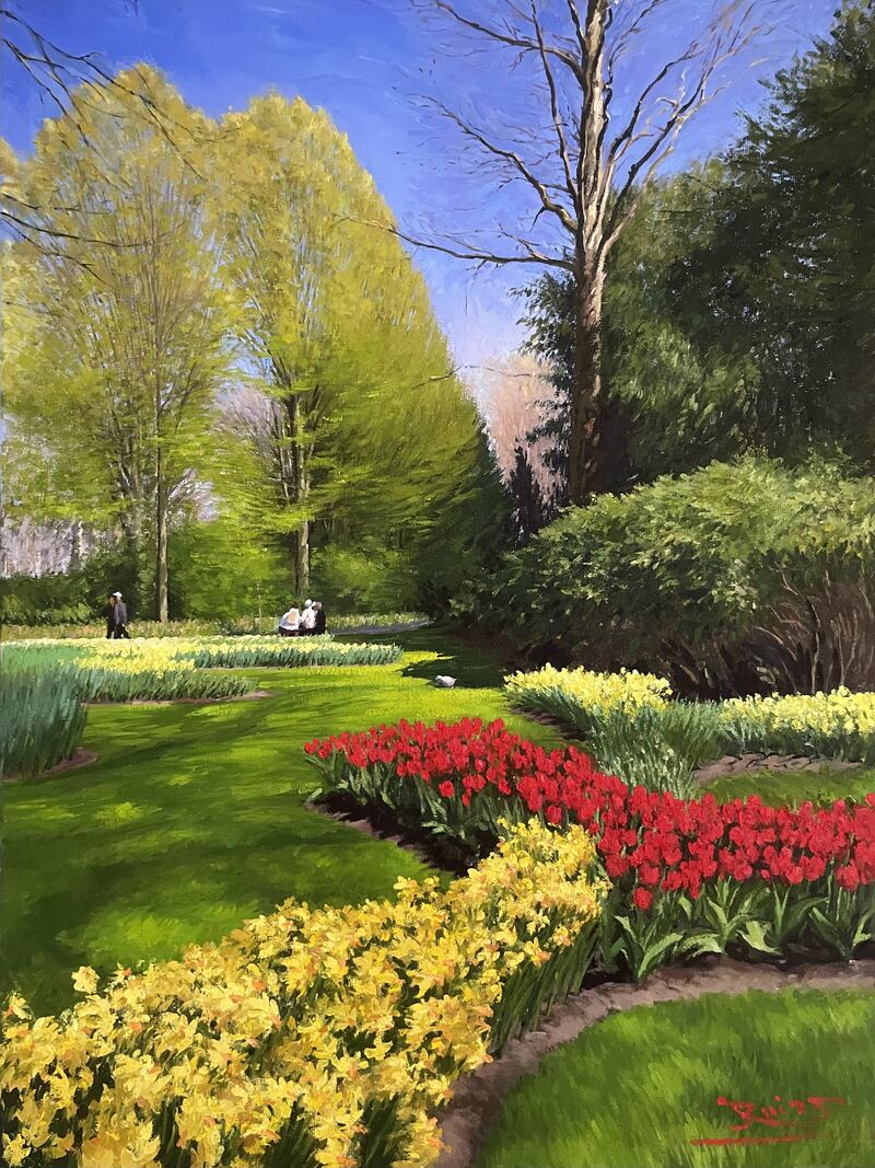 Daffodils and red tulips in Keukenhof  - a Paintings by Rui Zhao