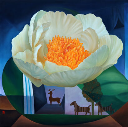One Blossom One World. Peony & Deer-2 - a Paint Artowrk by Guigen Zha