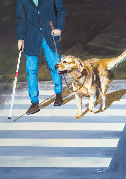 Ciego con su perro cruzando un paso de peatones pintado por Ernest Carneado Ferreri - A Paint Artwork by Ernest Carneado Ferreri