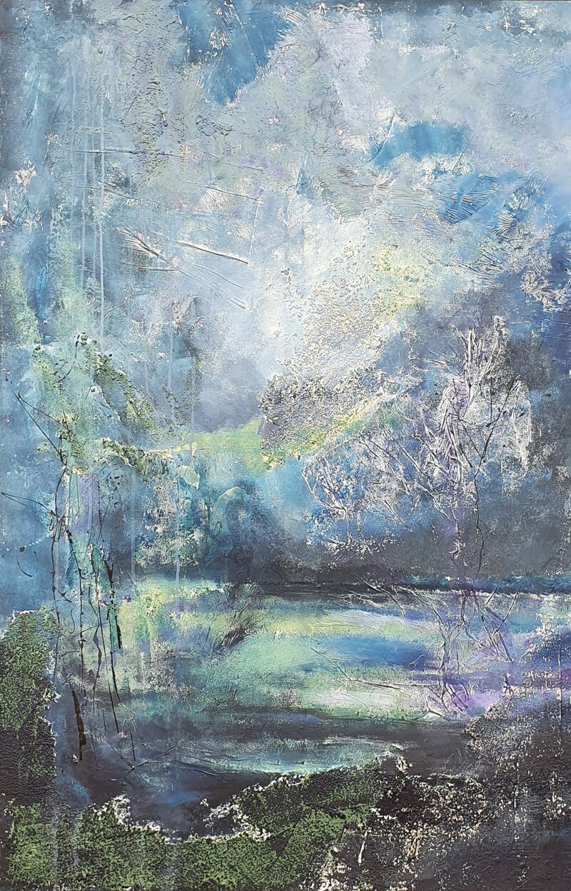 Respiro...si passeggia nel bosco, le forme che emergono sono alberi e monti, cieli e strutture... - a Paint by Nicoletta Furlan