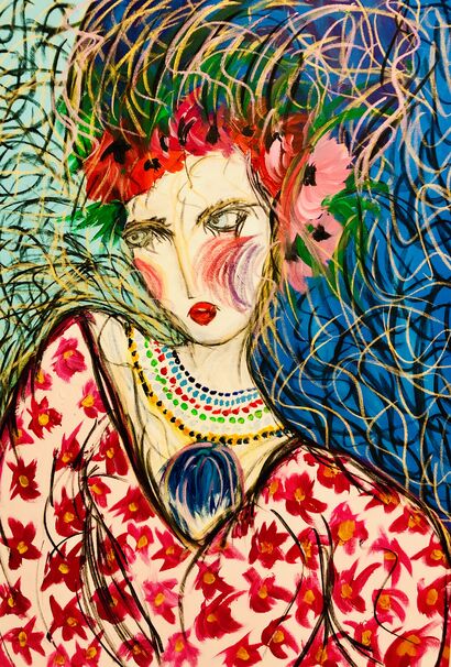 Donna-Fiore con medaglione blu - A Paint Artwork by giorgio bertazzoli
