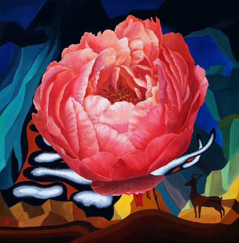 One Blossom One World. Peony & Deer-3 - a Paint by Guigen Zha