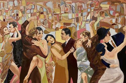 “Milonga pa’ no olvidarme” en tonos pasteles, dorados y plata.  Dámaso Arriero García  120x80 Acrilico e óleo.   - a Paint Artowrk by Damaso Arriero Garcia