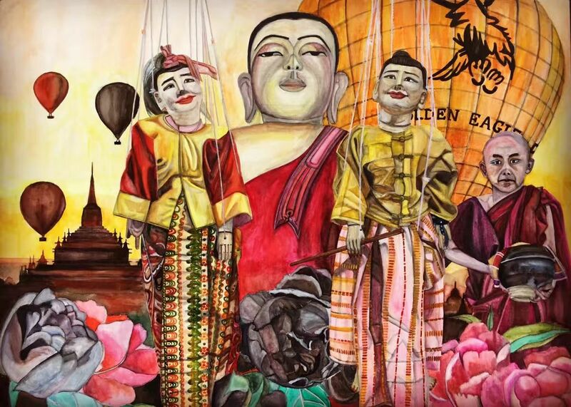 Buddas and Balloons in Pagan in Burma - a Paint by JING  LIU