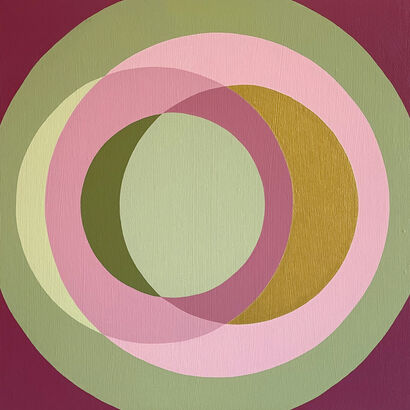 Rotations of Circles in tones of pink, green and gold - a Paint Artowrk by Laura Rota