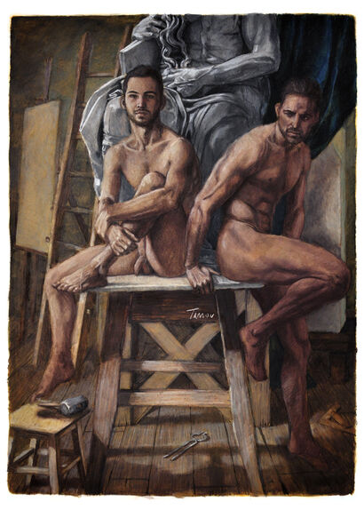 Resting models in the studio - A Paint Artwork by J. Tarrou