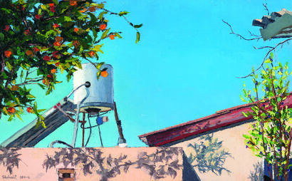 Dude (water tank) and tangerine    - A Paint Artwork by Shulamit Near