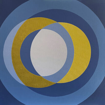 Rotations of Circles in dark and light blue & antique and light gold - A Paint Artwork by Laura Rota