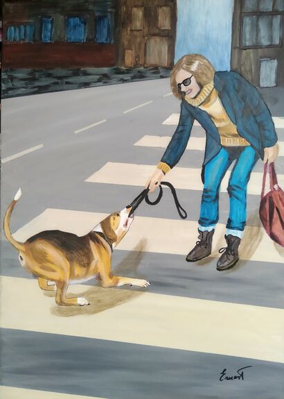 Mujer con perro Beagle travieso en paso peatones pintado por Ernest Carneado Ferreri - A Paint Artwork by Ernest Carneado Ferreri