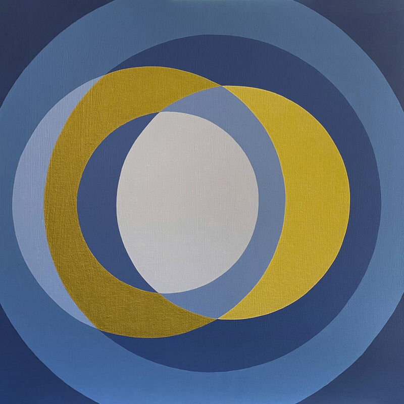 Rotations of Circles in dark and light blue & antique and light gold - a Paint by Laura Rota