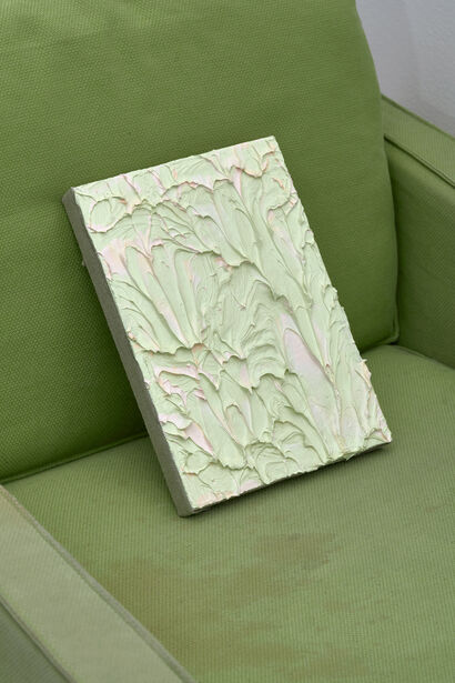 Untitled (green painting on a green sofa) - A Sculpture & Installation Artwork by Adrijan Praznik