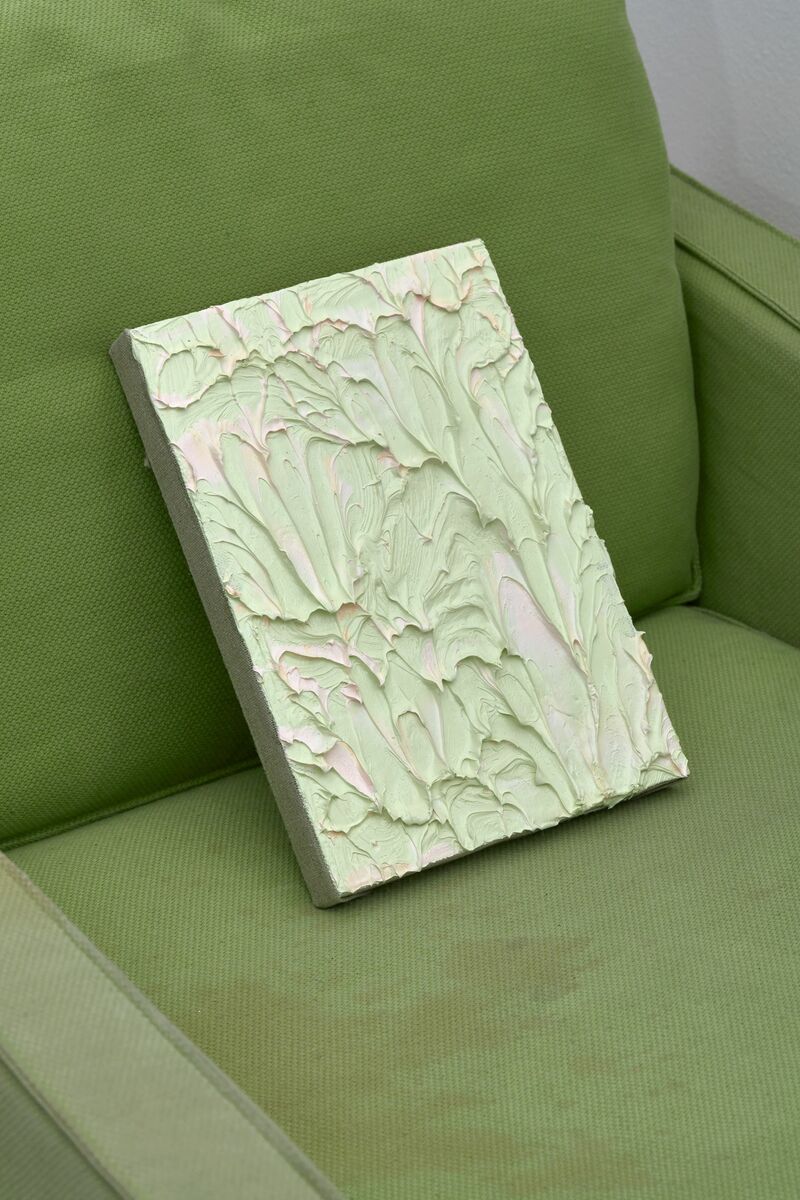 Untitled (green painting on a green sofa) - a Sculpture & Installation by Adrijan Praznik