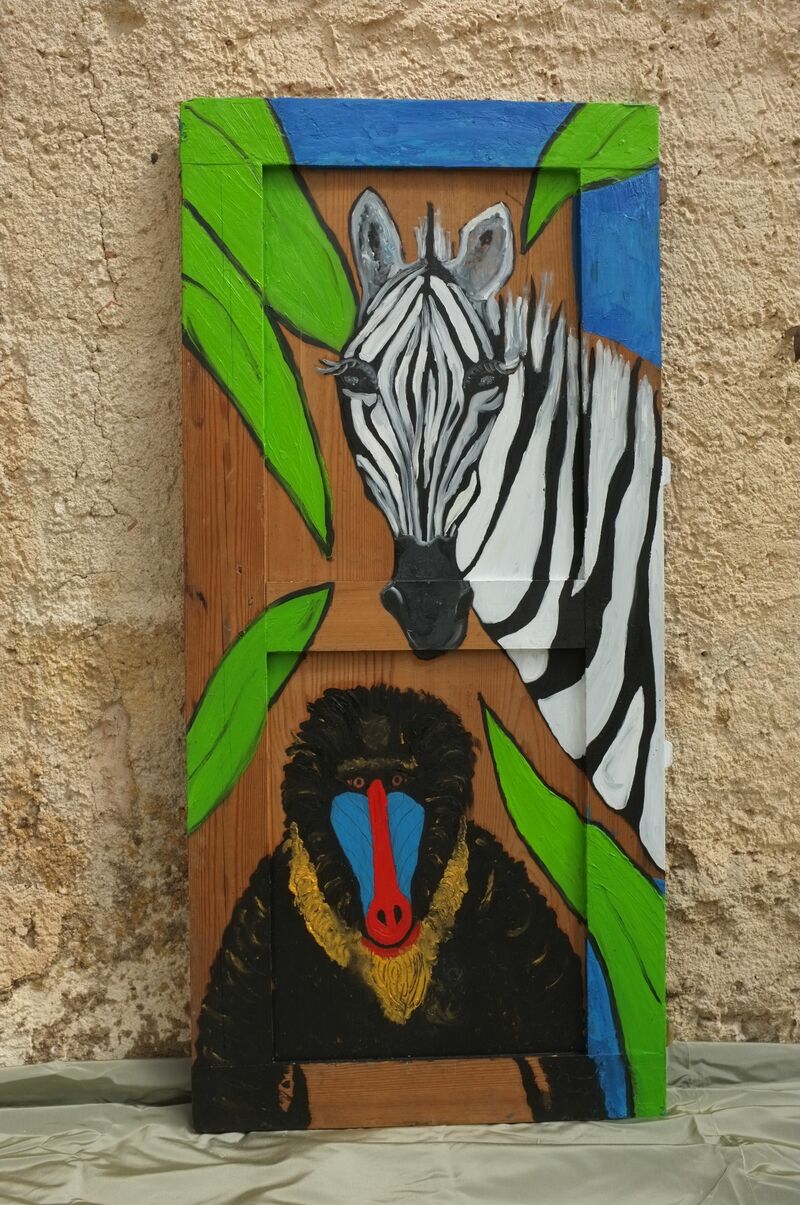 Zira the Zebra and her Baboon Friend - a Paint by Roxane Depardieu