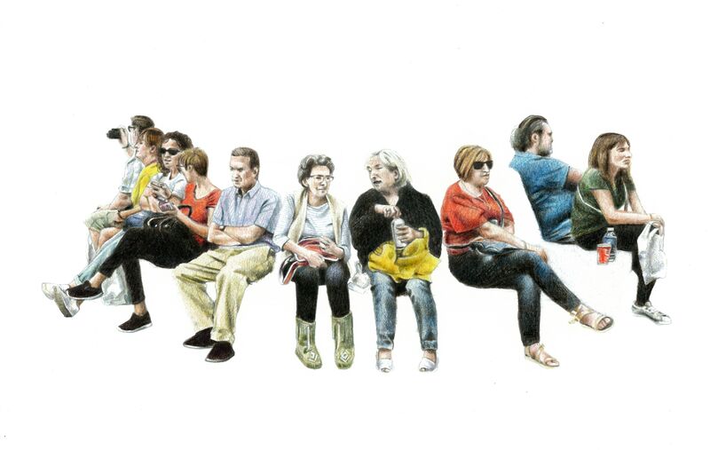 Turisti stanchi si riposano su una panchina a Madrid - a Paint by Giulia Otta