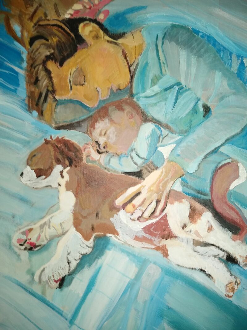 Mum with baby and puppy king charles spaniel - a Paint by Mark Goodwin