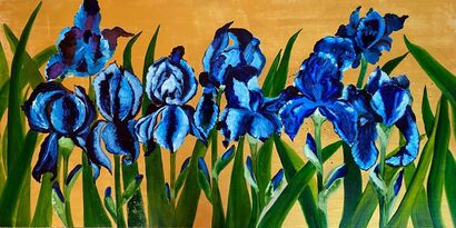 The Irises ( inks, acrylics and soft pastels on wooden board) - A Paint Artwork by Zhanar Subkhanberdina
