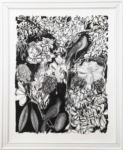Giardino con magnolia e cardellino - A Paint Artwork by Serena Bellini